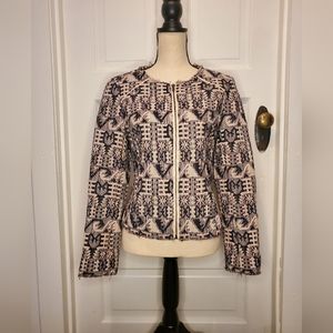 Anthropologie Hei Hei Navy White Print Raw Hem Jacket Blazer